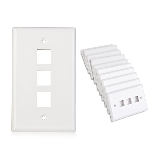 Product Cover Cable Matters 10-Pack Low Profile 3-Port Cat5e, Cat6 Keystone Jack Wall Plate in White