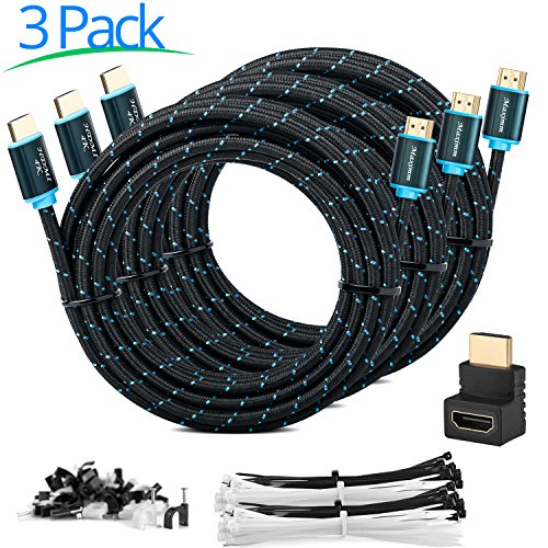 Product Cover Maximm High-Speed HDMI 2.0 4K Nylon Braided Cable, 15 Feet, 3-Pack (Includes Cable Clips, Ties and Right Angle Adapter)