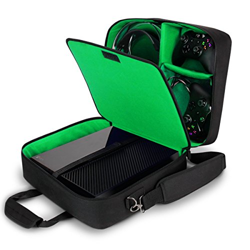 Product Cover USA GEAR Console Carrying Case Compatible with Xbox One and Xbox 360 with Accessory Storage for Controllers, Cables, Headsets and Padded Shoulder Strap - Fits All Xbox Models - Green