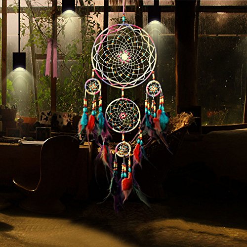 Product Cover Jescrich Traditional Handicrafts Dream Catcher Hanging Feathers Ornament with 5 Rings（31'' Long）