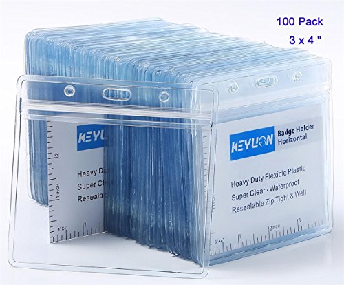 Product Cover KEYLION 100 Pack Large Name Badge Holder, Heavy Duty Clear Plastic ID Sleeve Pouch with Waterproof Type Resealable Zip, fit 3x4 inches Name Badge Insert Refills