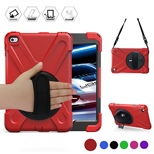 Product Cover BRAECN iPad Mini 4 Case for iPad Mini 5 Case with 360 Degree Swivel Stand/Hand Strap/Shoulder Strap Case [Heavy Duty] Three Layer Ultra Hybrid Shockproof Full-Body Protective Fit Mini iPad 5 Case/Red