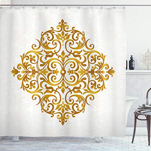 Product Cover Ambesonne Mandala Shower Curtain, Victorian Style Traditional Filigree Inspired Royal Oriental Classic Print, Fabric Bathroom Decor Set with Hooks, 75 inches Long, Pale Caramel White