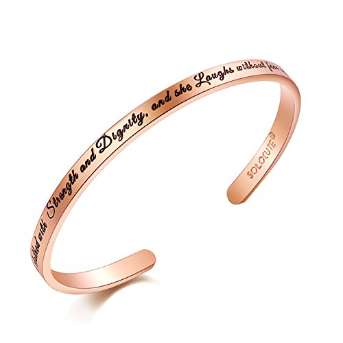 Product Cover Solocute 2019 Graduation Bracelet Inspirational Gift Engraved She is Clothed with Strength and Dignity (She is Clothed with Strength and Dignity, and she Laughs Without Fear of The Future - RG)