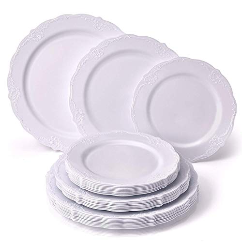 Product Cover PARTY DISPOSABLE 30 PC DINNERWARE SET | 10 Dinner Plates | 10 Salad Plates | 10 Dessert Plates | Heavyweight Plastic Dishes | Fine China Look | Upscale Wedding and Dining (Vintage Collection - White)