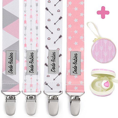 Product Cover Pacifier Clip by Dodo Babies Pack of 4 + Pacifier Case, Premium Quality for Girls Modern Designs Universal Holder Leash for Pacifiers, Teething Toy or Soothie, Baby Shower Gift Set