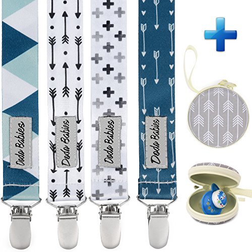 Product Cover Pacifier Clip by Dodo Babies Pack of 4 + Pacifier Case, Premium Quality Modern Designs Universal Holder Leash for Boys and Girls, Teething Toy or Soothie, Baby Shower Gift Set