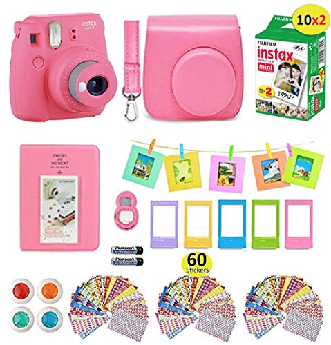Product Cover Fujifilm instax Mini 9 Instant Camera Flamingo Pink + 20 Instant Film Pack, Instax Case + Instax Accessories Bundle, Kit Includes, Albums, Selfie Lens, 4 Color Lenses, Magnets Frames, by Shutter