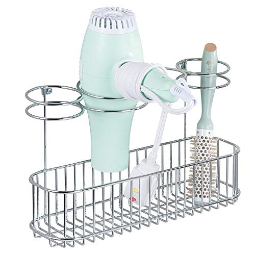 Product Cover mDesign Metal Wire Cabinet/Wall Mount Hair Care & Styling Tool Organizer - Bathroom Storage Basket for Hair Dryer, Flat Iron, Curling Wand, Hair Straightener, Brushes - Holds Hot Tools - Chrome