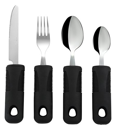 Product Cover Adaptive Utensils (4-Piece Kitchen Set) Wide, Non-Weighted, Non-Slip Handles for Hand Tremors, Arthritis, Parkinson's or Elderly use - Stainless Steel Knife, Fork, Spoons - Black
