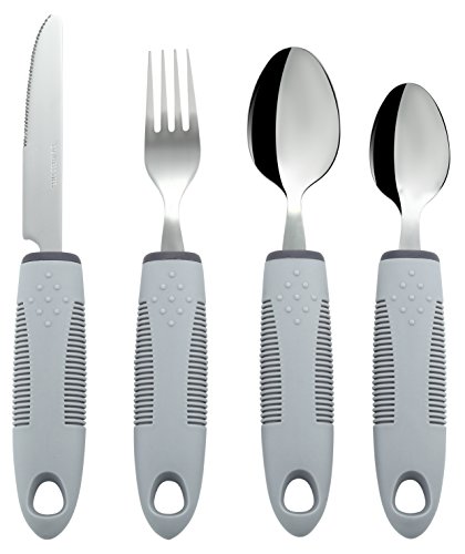 Product Cover Adaptive Utensils (4-Piece Kitchen Set) Wide, Non-Weighted, Non-Slip Handles for Hand Tremors, Arthritis, Parkinson's or Elderly Use - Stainless Steel Knife, Fork, Spoons - Grey