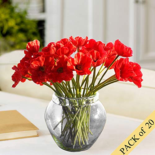 Product Cover HO2NLE 20pcs Realistic PU Artificial Poppies Flowers Fake Wedding Bouquet Arrangements for Home Kitchen Living Room Dining Table Centerpieces Decorations Red