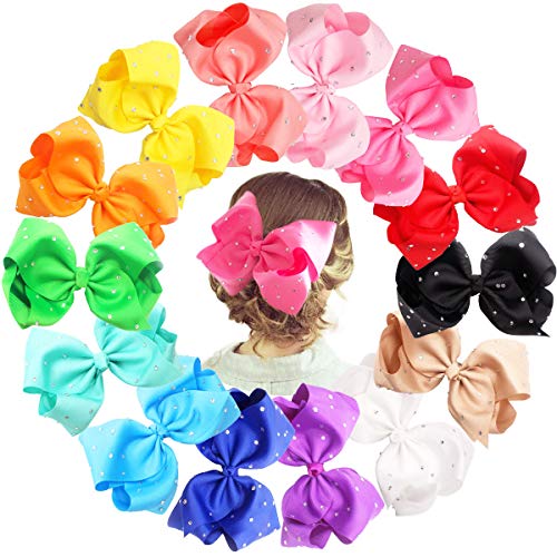 Product Cover 14pcs 8 inch Giant Glitter Sparkly Rhinestones Baby Girls Larger Big Grosgrain Ribbon Hair Bows Alligator Hair Clips for Gilrs Toddlers,Kids,Teens