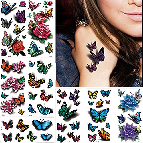 Product Cover 8 Sheets 3D Temporary Tattoo Sticker Butterfly Flower Design Body Chest Hand Art Decal Removable