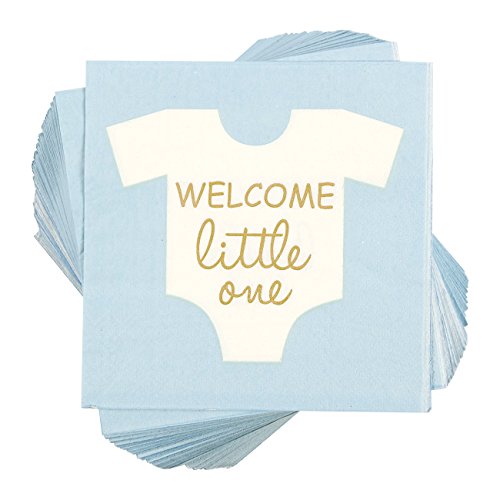 Product Cover Baby Shower Cocktail Napkins - 100 Pack Welcome Little One Disposable Paper Party Napkins, Perfect for Boy Baby Shower Decorations and Gender Reveal Party Supplies, 5 x 5 Inches Folded, Blue