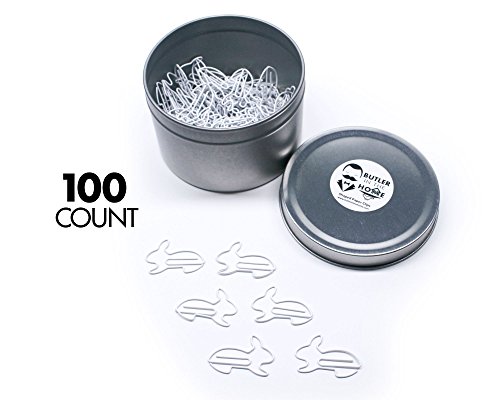 Product Cover Butler in the Home Bunny Rabbit Shaped Paper Clips Great for Paper Clip Collectors or Office Gift - Comes in Round Tin with Lid and Gift Box (White 100 Count)