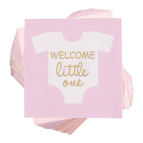 Product Cover Baby Shower Napkins - 100 Pack Welcome Little One Disposable Paper Napkins, 3-Ply Folded 5 x 5 Inches Perfect Gender Reveal Party Supplies Decorations for Girl