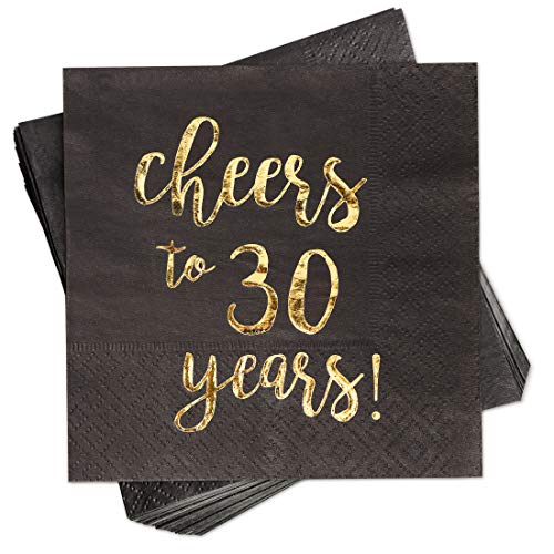 Product Cover 50-Pack Cocktail Napkins - Disposable Paper Party Napkins with Cheers to 30 Years! Printed in Gold Foil, Perfect for Birthday and Anniversary Celebrations, 5 x 5 inches Folded, Black