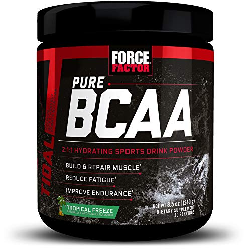 Product Cover Force Factor Pure BCAA Hydrating Intra-Workout Powder with 2:1:1 BCAA Ratio to Build Lean Muscle, Reduce Fatigue, and Improve Endurance, 30 Servings, Tropical Freeze