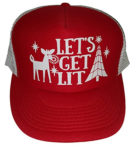 Product Cover Red Let's Get Lit Christmas Mesh Trucker Hat Cap Snapback Ugly Sweater Party