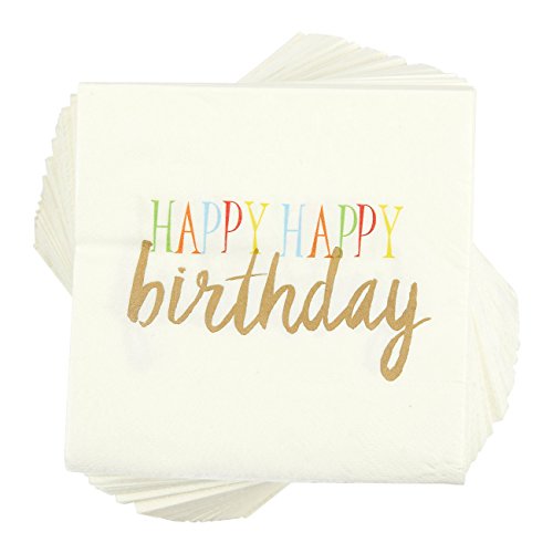 Product Cover Birthday Party Cocktail Napkins - 100 Pack Rainbow Happy Birthday Disposable Paper Party Napkins, Perfect for Birthday Table Decorations and Party Supplies for All Ages, 5 x 5 Inches Folded, White