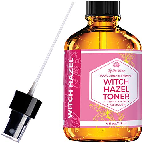 Product Cover Witch Hazel Toner by Leven Rose, 100% Pure Organic Facial Rose Water with Rose Petals, Calendula, Cucumber, and Chamomile Flower 4 oz