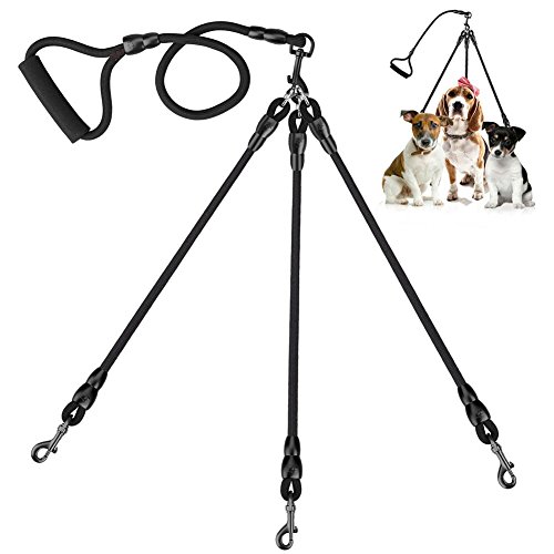 Product Cover OxyPlay Heavy Duty Tangle Free 3/Three Way Dog Coupler Leash with Padded Handle,Triple Braid Split Lease Pet Leash for Walking 3/2/1 Medium Large Dogs (Black)