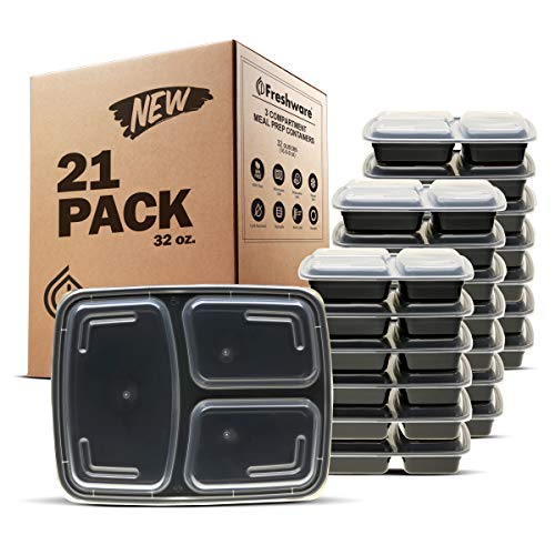 Product Cover Freshware Meal Prep Containers [21 Pack] 3 Compartment with Lids, Food Storage Containers, Bento Box | BPA Free | Stackable | Microwave/Dishwasher/Freezer Safe, Portion Control, 21 Day Fix (32 oz)