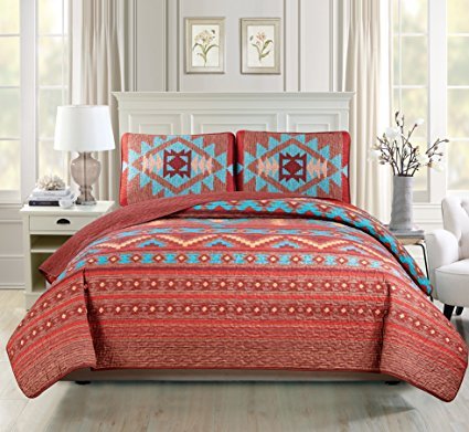 Product Cover Western Southwestern Native American Tribal Navajo Design 3 Piece Multicolor Turquoise red Orange Brown Oversize King / California King Bedspread Quilt Coverlet Set (118