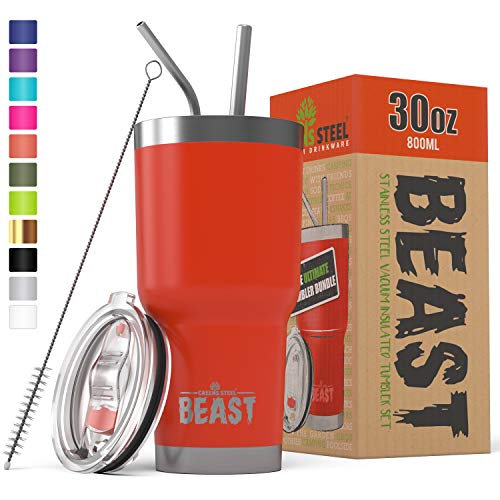 Product Cover Beast 30oz Red Insulated Reusable Tumbler- BPA Free | Stainless Steel Coffee Cup with Lid,2 Straws,Brush & Gift Box