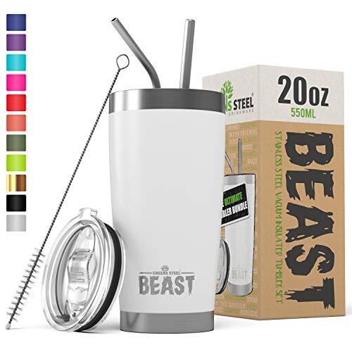 Product Cover BEAST 20oz Insulated Reusable Tumbler - BPA Free Stainless Steel Coffee Cup with Lid, 2 Straws, Brush & Gift Box (