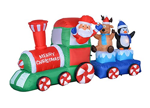 Product Cover 7 Foot Long Lighted Christmas Inflatable Santa Claus Reindeer Penguin on Train Indoor Outdoor Garden Yard Party Prop Decoration