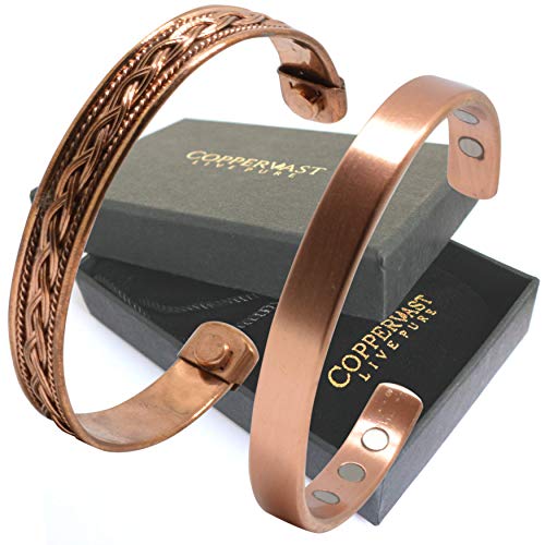 Product Cover Copper Bracelets for Arthritis - Therapy Magnetic Bracelets for Men and Women with 6 Powerful Magnets - Effective and Natural Relief for Joint Pain and Arthritis (Set of 2 Plain with Braided Inlay)