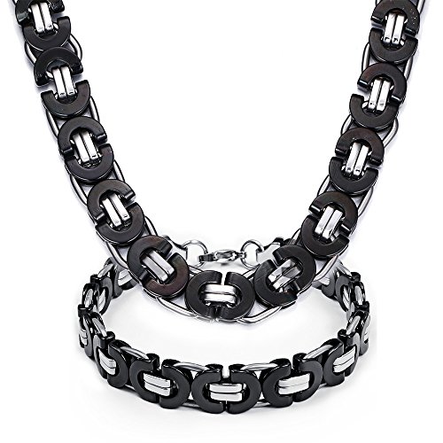 Product Cover MP Men's Stainless Steel Bike Motorcycle Chain Necklace Bracelet Jewelry Sets Hip Hop,Silver Black