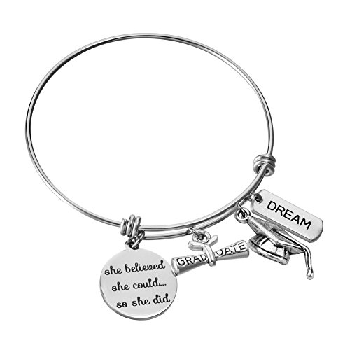 Product Cover Miss Pink Class of 2019 Graduation Gifts Stainless Steel Expandable Wire Bangle Charm Bracelet Graduation Jewelry for Women