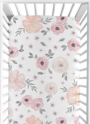 Product Cover Sweet Jojo Designs Blush Pink, Grey and White Baby or Toddler Fitted Crib Sheet for Watercolor Floral Collection