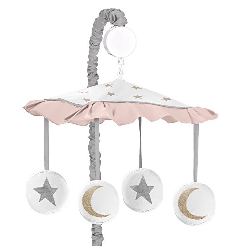 Product Cover Sweet Jojo Designs Blush Pink, Gold, Grey and White Star and Moon Musical Baby Crib Mobile for Celestial Collection