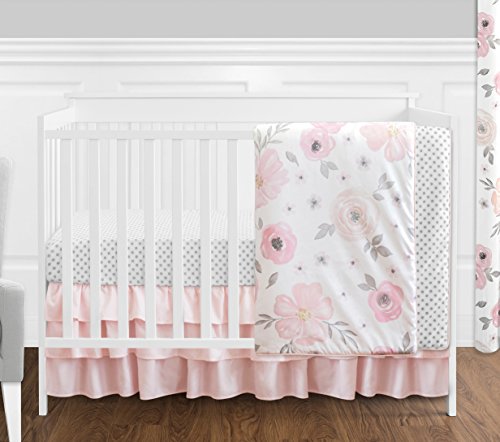 Product Cover 4 pc. Blush Pink, Grey and White Watercolor Floral Baby Girl Crib Bedding Set without Bumper by Sweet Jojo Designs - Rose Flower Polka Dot