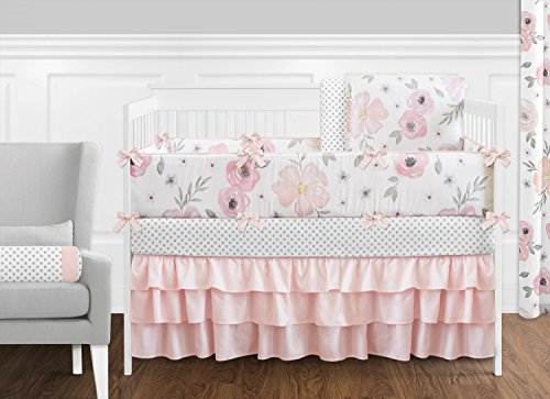 Product Cover Sweet Jojo Designs 9-Piece Blush Pink, Grey and White Shabby Chic Watercolor Floral Baby Girl Crib Bedding Set with Bumper Rose Flower Polka Dot
