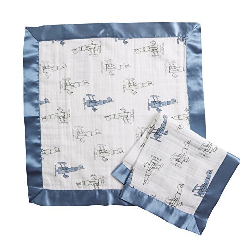 Product Cover Aden by aden + anais Issie Security Blanket, Super Soft 100% Cotton Muslin, Satin Trim, 2-Pack, Sky high, Planes