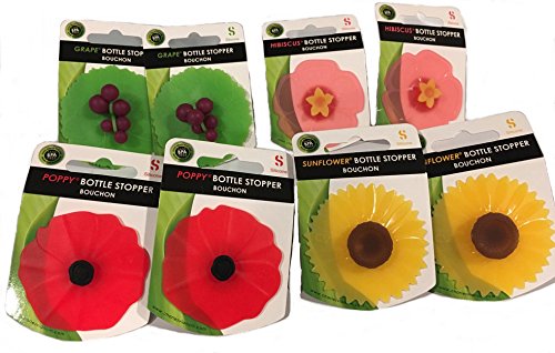 Product Cover Charles Viancin 2498, Floral Bottle Stopper: Hibiscus, Sunflower, Poppy, Grape, Set of 8, Assorted