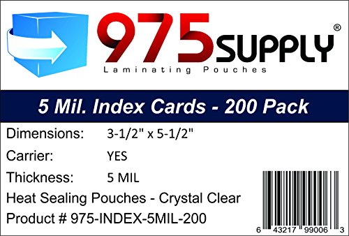 Product Cover 975 Supply 5 Mil Index Card Laminating Pouches, 3.5 x 5.5 inches, 200 Pouches