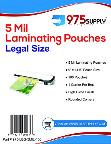 Product Cover 975 Supply 5 Mil Clear Legal Size Thermal Laminating Pouches, 9 X 14.5 inches, 100 Pouches