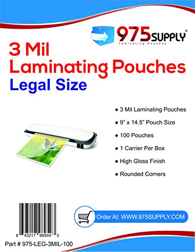 Product Cover 975 Supply 3 Mil Clear Legal Size Thermal Laminating Pouches, 9 X 14.5 inches, 100 Pouches