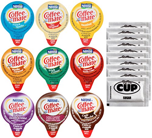 Product Cover Coffee Mate .375oz Non-Dairy Liquid Creamer Singles - 9 Flavor Assortment, Hazelnut, French Vanilla, Original, Cafe Mocha, Salted Caramel (180 Pack) - Exclusive By The Cup Sugar Packets