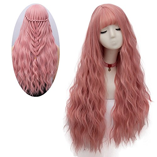 Product Cover netgo Women's Pink Wig Long Fluffy Curly Wavy Hair Wigs for Girl Heat Friendly Synthetic Cosplay Party Wigs