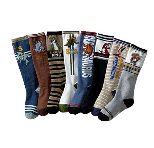 Product Cover Boys' Cartoon Dinosaur Stocking Youth Pattern Knee High Cotton Socks (8 Pairs)