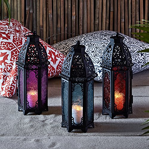 Product Cover Lights4fun, Inc. Trio of Black Metal Moroccan Indoor Battery Operated LED Flameless Candle Lanterns with Colored Glass
