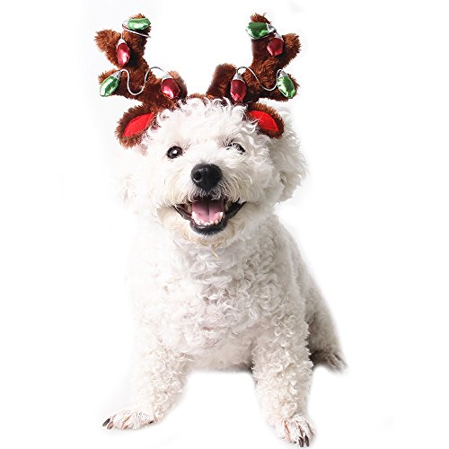 Product Cover FLAdorepet Dog Elk Reindeer Antler Hat Cap Bling Dog Cat Pet Christmas Costume Outfits Small Dog Headwear Hair Grooming Accessories (S, Red)