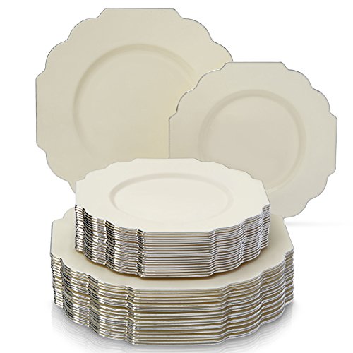 Product Cover PARTY DISPOSABLE 40 PC DINNERWARE SET | 20 Dinner Plates and 20 Salad or Dessert Plates | Heavyweight Plastic Dishes | Elegant Fine China Look | for Upscale Wedding and Dining (Baroque - Ivory)